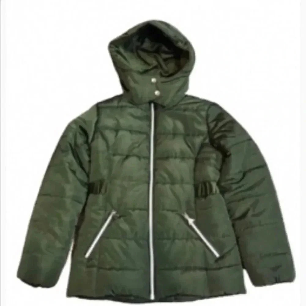 TAHARI PUFFER COAT OLIVE GREEN WITH ATTACHED‎ HOOD ABD POCKETS